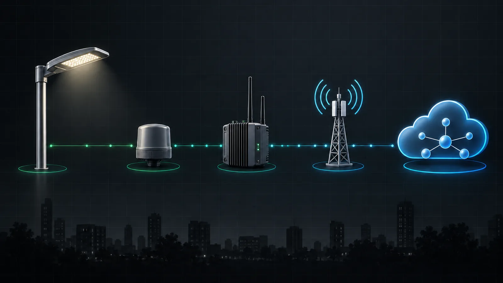 D4i lighting connectivity topology showing luminaires, a lighting controller, gateway, cellular backhaul, and cloud or CMP management.