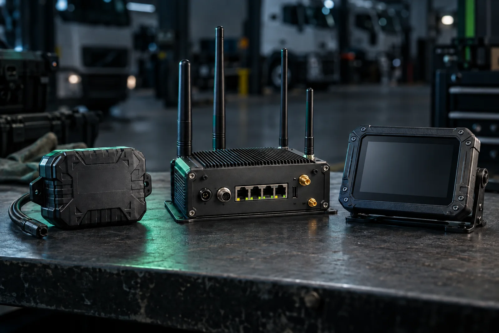 Rugged cellular tracker, industrial cellular router, and vehicle terminal illustrating fleet IoT connectivity hardware.