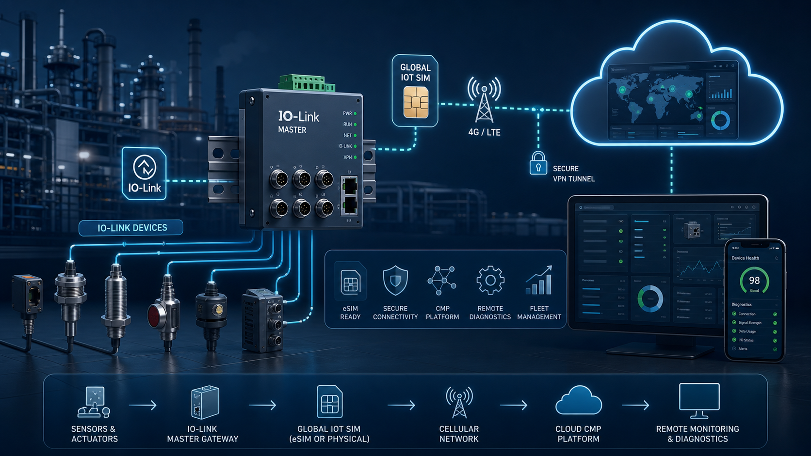 Global IoT SIM and CMP managed connectivity for IO-Link master gateways and remote sensor diagnostics