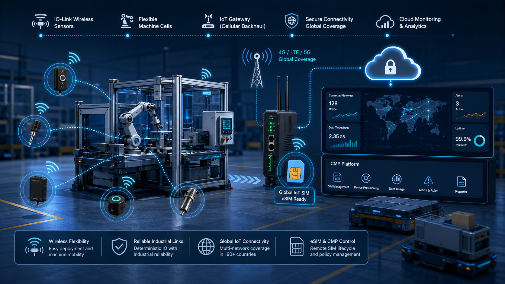Global IoT SIM and CMP managed connectivity for IO-Link Wireless gateways and flexible machine cells