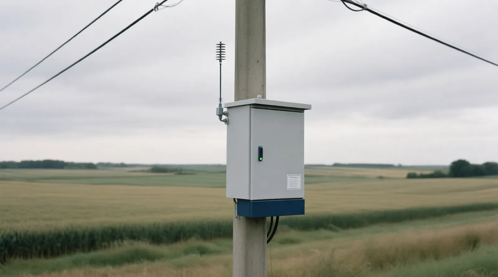 Concrete utility pole with a distribution automation terminal cabinet and antenna beside overhead power lines in farmland