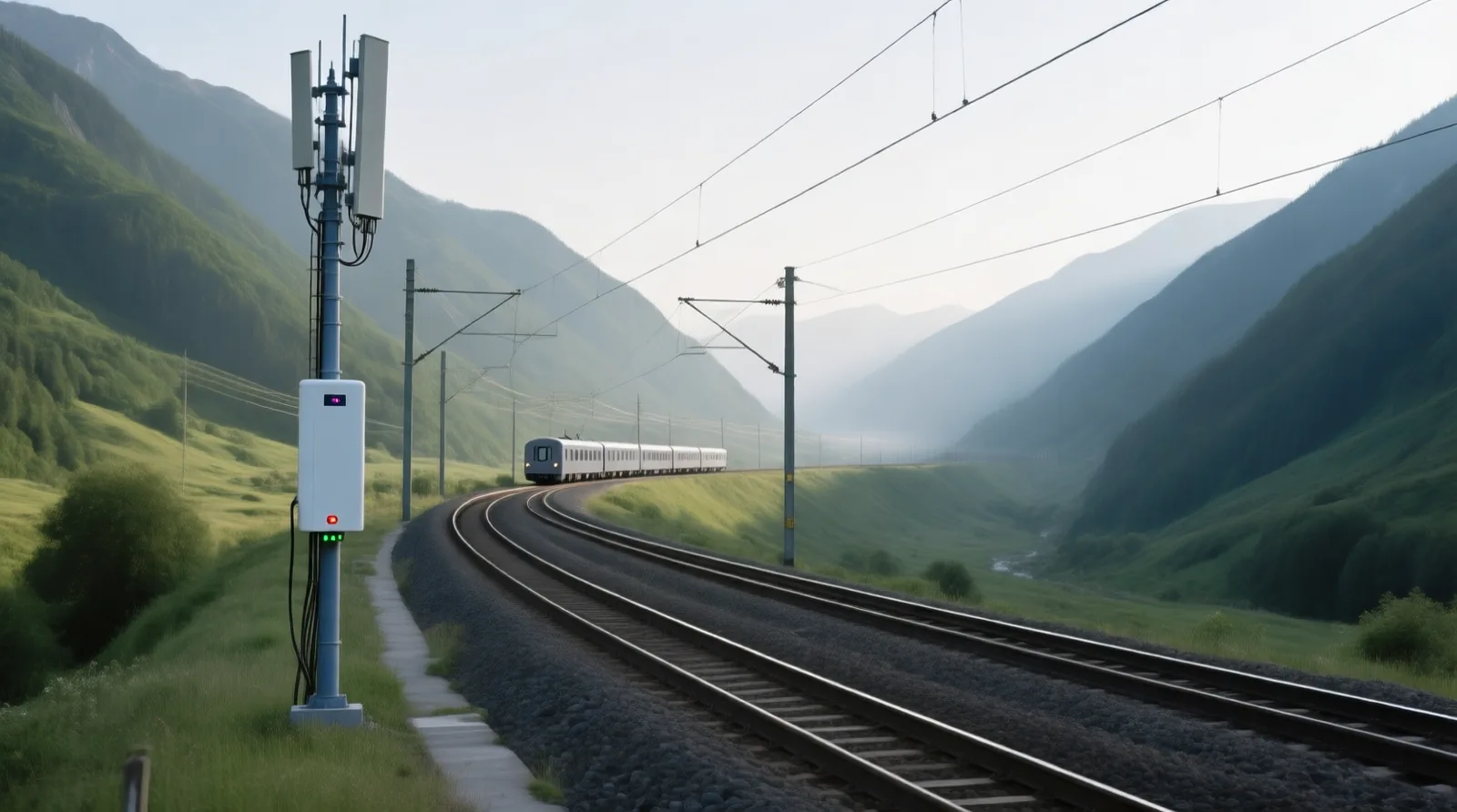 Electrified railway line through a mountain valley with a trackside radio mast and a distant passing train