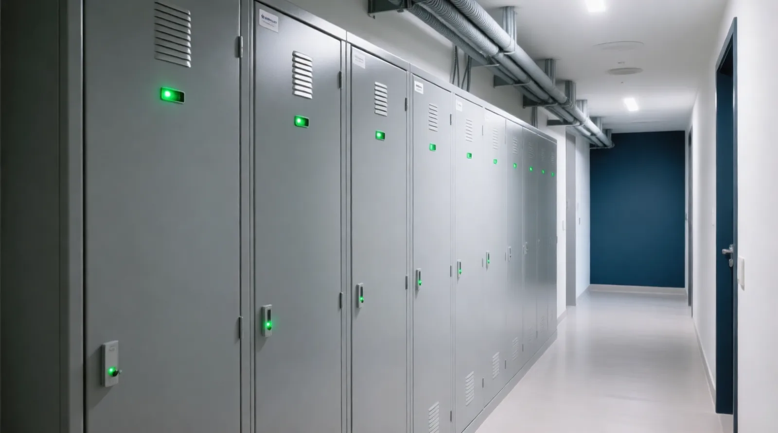 Corridor of an apartment building with closed grey utility meter cabinets and cable trays