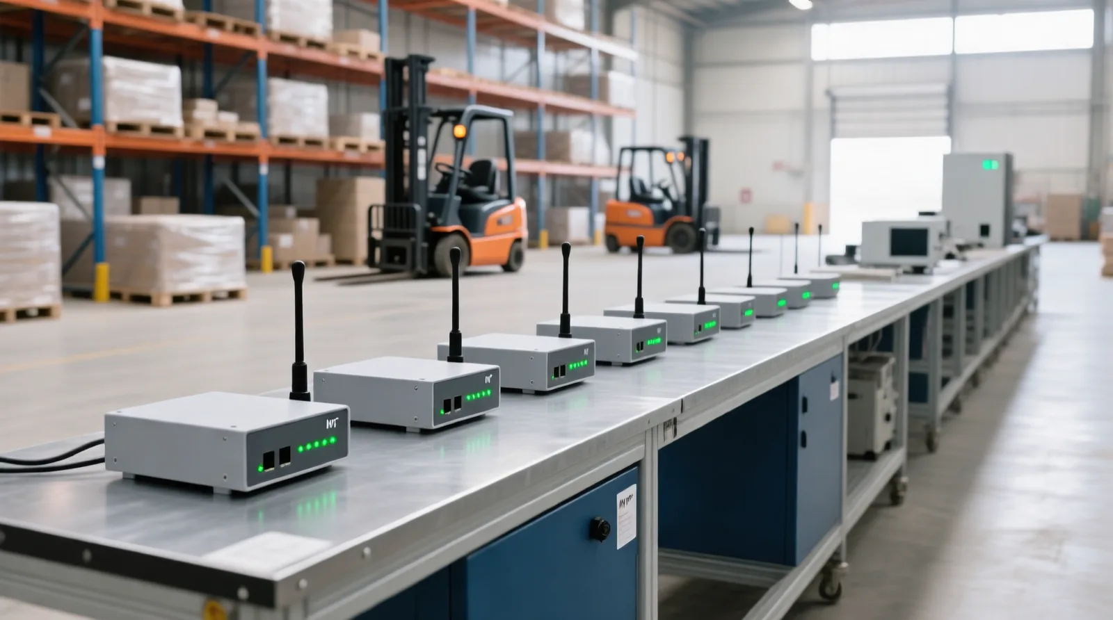 Industrial IoT gateways with cellular antennas lined up on a workbench in a logistics warehouse during first-time setup