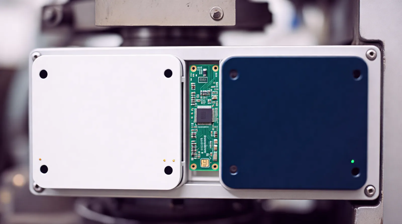 Close-up of a small soldered eSIM chip on an industrial communication circuit board inside a rugged enclosure