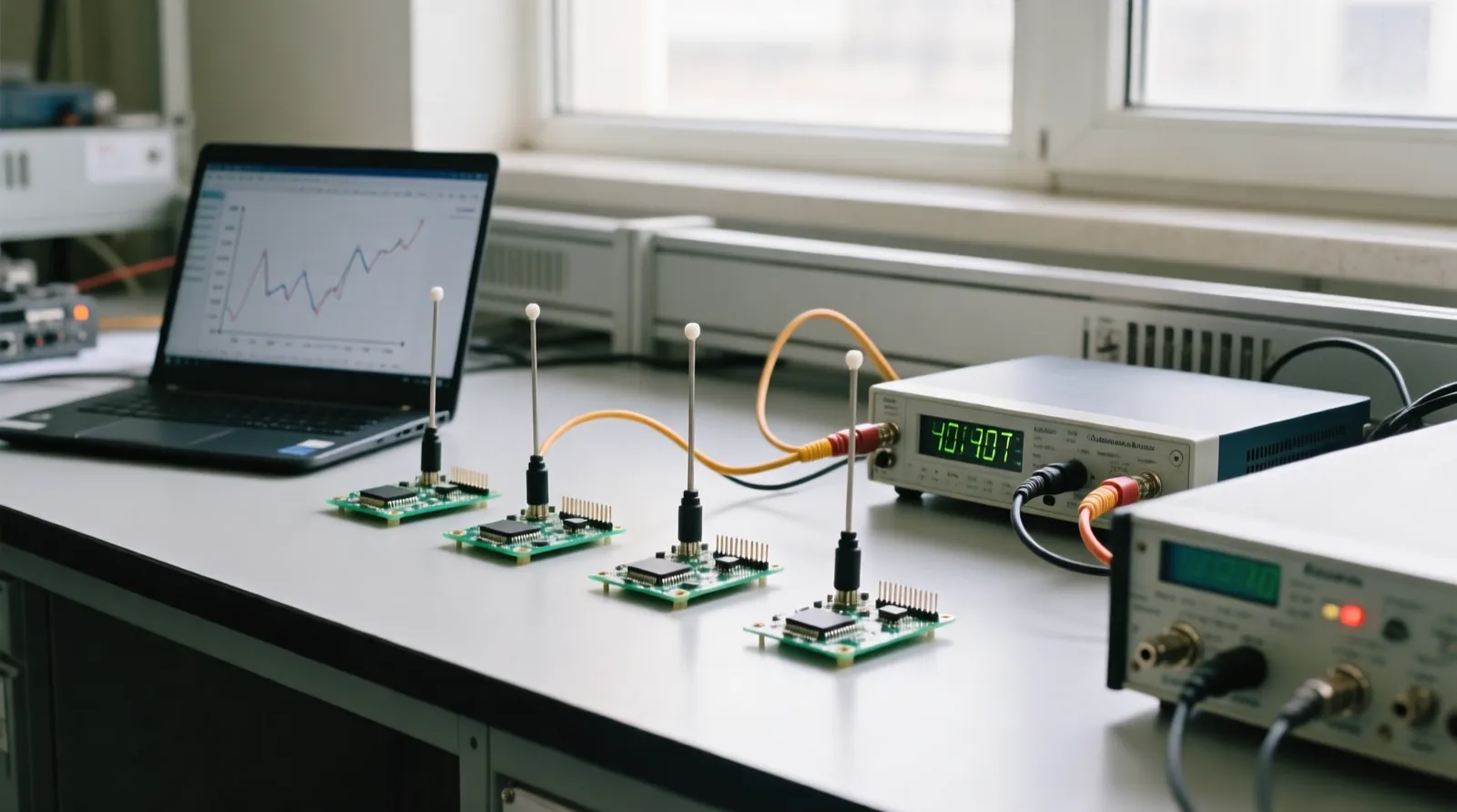 IoT module evaluation boards with antennas connected by RF cables to a cellular network test instrument on a lab bench