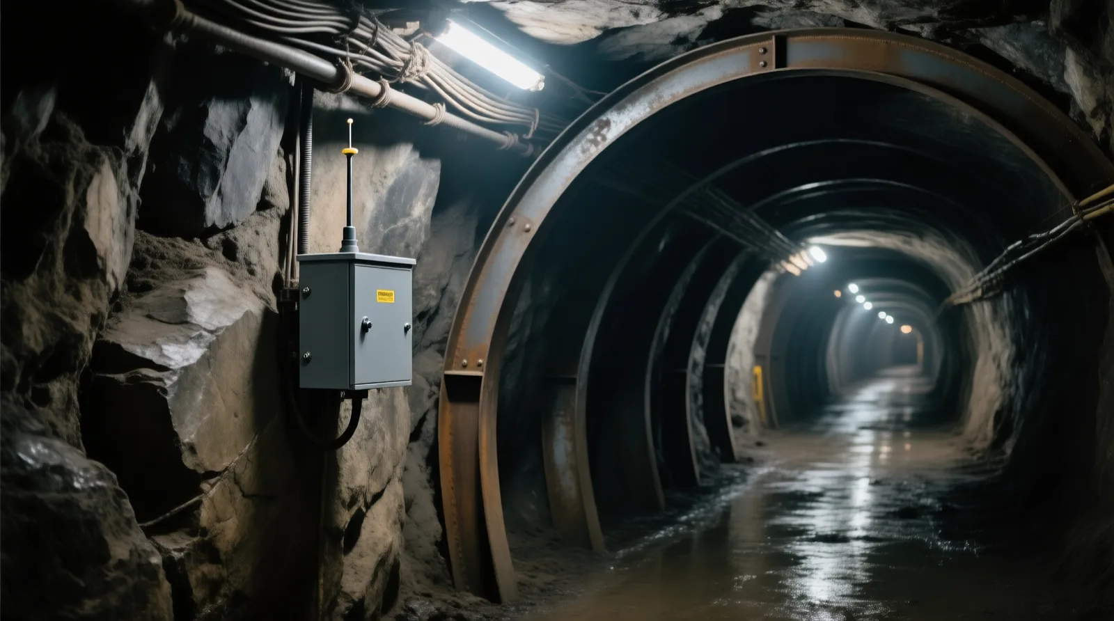 Battery-powered gas and water-level sensor mounted on the rock wall of an underground mine roadway lit by cap lamps