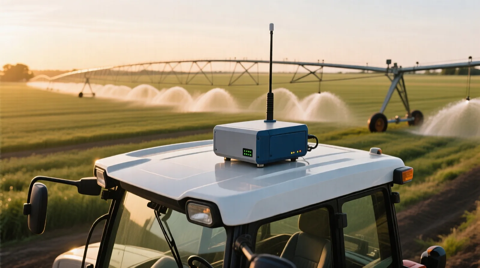Tractor working a farm field with a cellular telematics unit and antenna mounted on the cab roof, centre-pivot irrigation in the background
