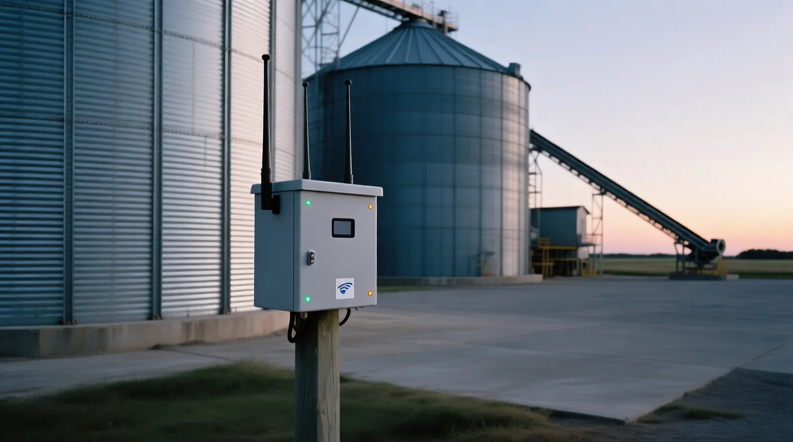 Steel grain silos at a storage depot with a wireless sensor box and antenna mounted near a silo base