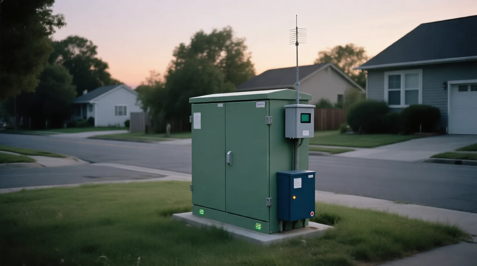 Residential street at dusk with a pad-mounted distribution transformer fitted with a small monitoring terminal and antenna